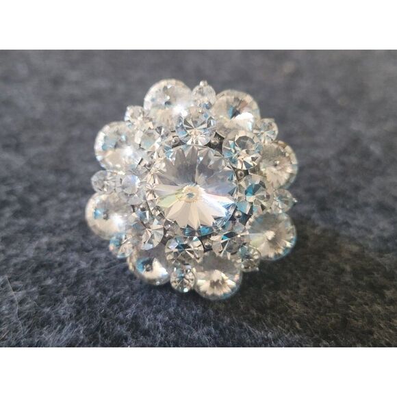 Silver Rhinestone Cocktail Ring adjustable flex band - Picture 1 of 4